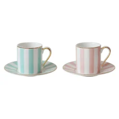 Espressokuppi & lautassetti Bombay Duck Stripy Pink/Mint, 2 x 60 ml