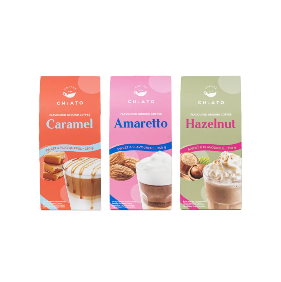 Jauhetun kahvin setti CHiATO Amaretto & Caramel & Hazelnut, 3 x 250 g