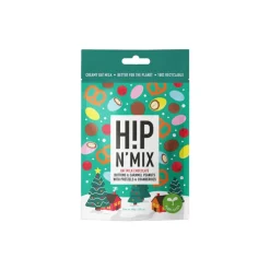 Kaurasuklaanapit ja karamellikuorrutteiset maapähkinät pretzeleillä ja karpaloilla H!P N’MIX Christmas Pouch, 80 g
